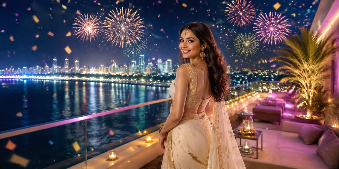 Indian woman celebrating lottery win with colorful saree